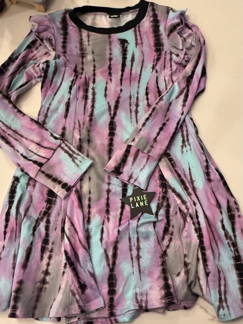 NWT Long Sleeve Ruffle Shoulder Tie-dye Dress
